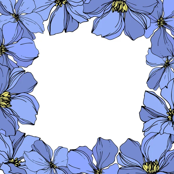 Vector Flax flores botánicas florales. Tinta grabada en negro y azul. Marco borde ornamento cuadrado . — Vector de stock