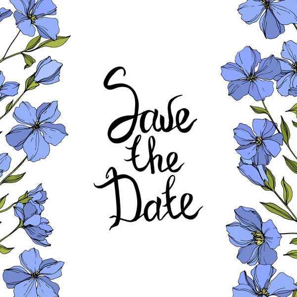 Vector Flax flores botánicas florales. Tinta grabada en negro y azul. Marco borde ornamento cuadrado . — Archivo Imágenes Vectoriales