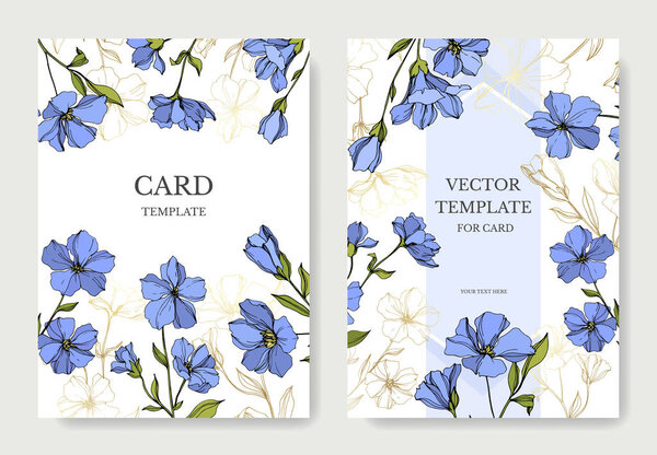 Vector Flax botanical flowers. Blue and green engraved ink art. Wedding background card floral decorative border.