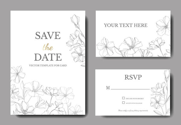 Vector Flax botanical flowers. Gray engraved ink art. Wedding background card floral decorative border.