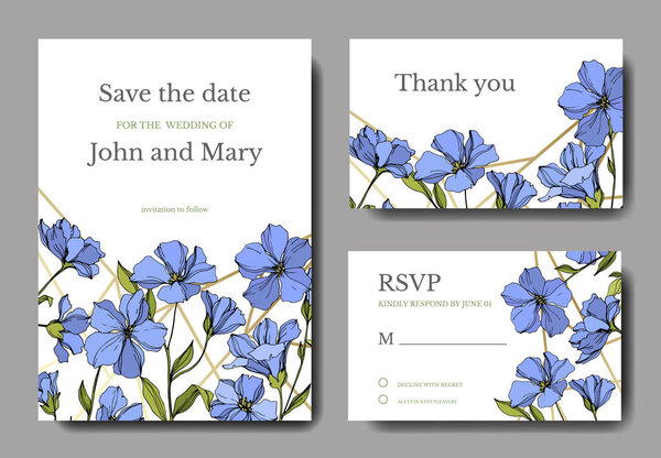 Vector Flax botanical flowers. Blue and green engraved ink art. Wedding background card floral decorative border.