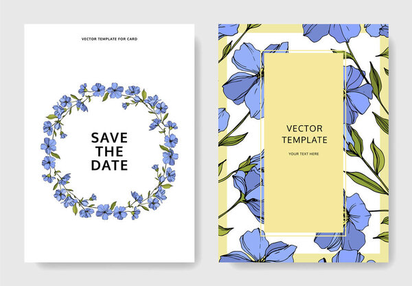 Vector Flax botanical flowers. Blue and green engraved ink art. Wedding background card floral decorative border.