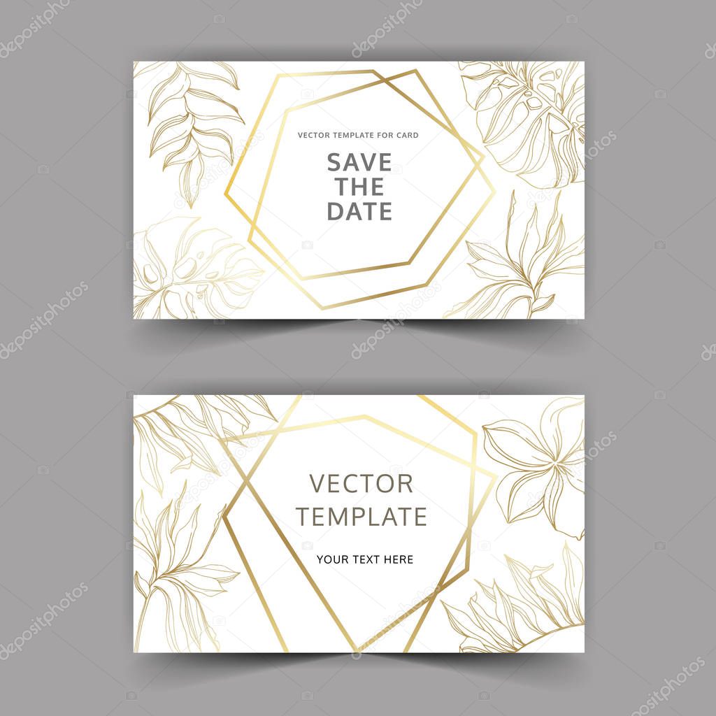 Palm beach tree leaves jungle botanical. Golden engraved ink art. Wedding background card decorative border.