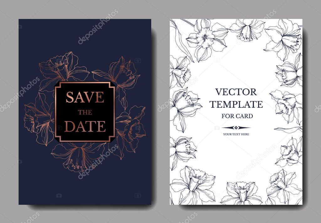 Vector Narcissus botanical flower. Blue and copper engraved ink art. Wedding background card floral decorative border.