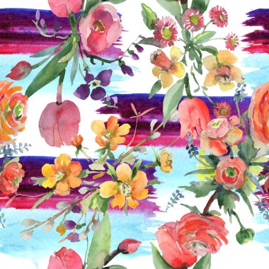 Buket çiçek botanik çiçekler. Suluboya arka plan illüstrasyon küme. Sorunsuz arka plan deseni.