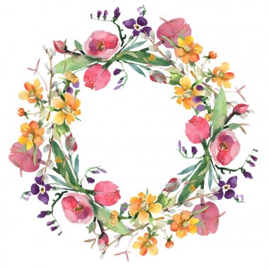 Buket çiçek botanik çiçekler. Suluboya arka plan illüstrasyon küme. Çerçeve kenarlığı süsleme Meydanı.