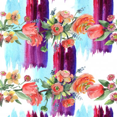 Buket çiçek botanik çiçekler. Suluboya arka plan illüstrasyon küme. Sorunsuz arka plan deseni.
