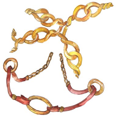 Altın zincirler bir suluboya tarzı izole eleman glamour illüstrasyon kroki. Suluboya arka plan seti.