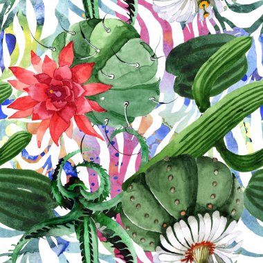 Green cactus floral botanical flower. Watercolor background illustration set. Seamless background pattern. clipart