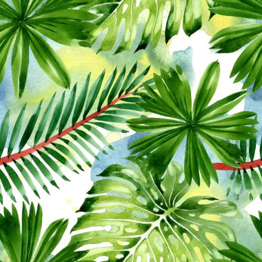 Palm beach tree leaves jungle botanical. Watercolor background illustration set. Seamless background pattern. clipart