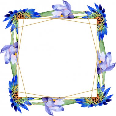 Mavi lotus çiçek botanik çiçekler. Suluboya arka plan illüstrasyon seti. Çerçeve kenarlık süs karesi.