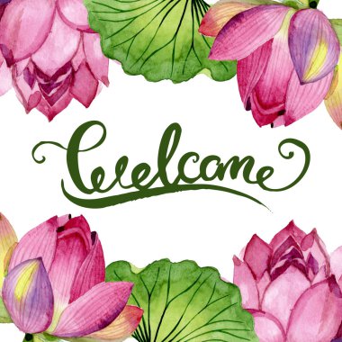 Pembe lotus çiçek botanik çiçekler. Suluboya arka plan illüstrasyon seti. Çerçeve kenarlık süs karesi.