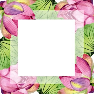 Pembe lotus çiçek botanik çiçekler. Suluboya arka plan illüstrasyon seti. Çerçeve kenarlık süs karesi.