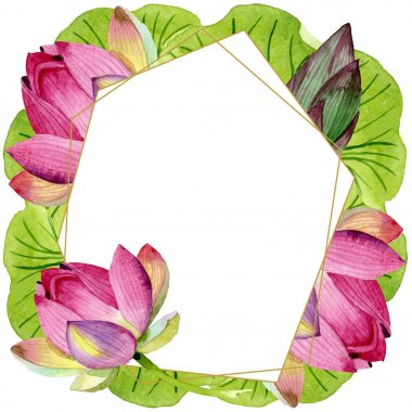 Pembe lotus çiçek botanik çiçekler. Suluboya arka plan illüstrasyon seti. Çerçeve kenarlık süs karesi.