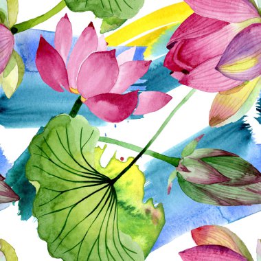 Pembe lotus çiçek botanik çiçekler. Suluboya arka plan illüstrasyon seti. Kesintisiz arka plan deseni.