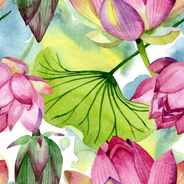 Pembe lotus çiçek botanik çiçekler. Suluboya arka plan illüstrasyon seti. Kesintisiz arka plan deseni.