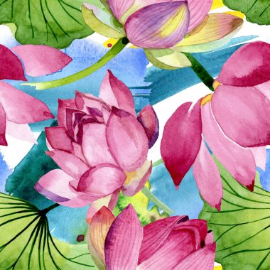 Pembe lotus çiçek botanik çiçekler. Suluboya arka plan illüstrasyon seti. Kesintisiz arka plan deseni.