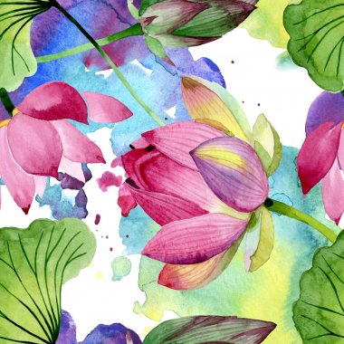 Pembe lotus çiçek botanik çiçekler. Suluboya arka plan illüstrasyon seti. Kesintisiz arka plan deseni.