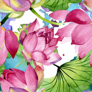 Pembe lotus çiçek botanik çiçekler. Suluboya arka plan illüstrasyon seti. Kesintisiz arka plan deseni.