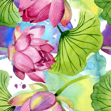 Pembe lotus çiçek botanik çiçekler. Suluboya arka plan illüstrasyon seti. Kesintisiz arka plan deseni.