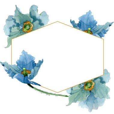 Mavi Haşhaş çiçek botanik çiçekler. Suluboya arka plan illüstrasyon küme. Çerçeve kenarlığı süsleme Meydanı.