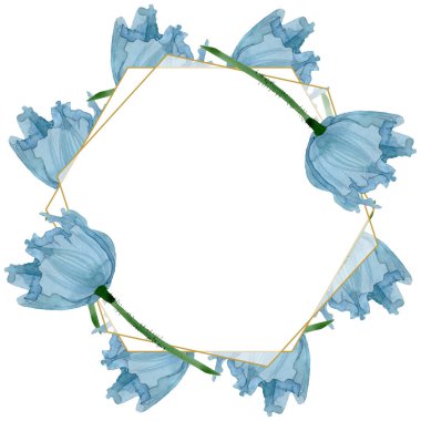 Blue poppy floral botanical flowers. Watercolor background illustration set. Frame border ornament square. clipart