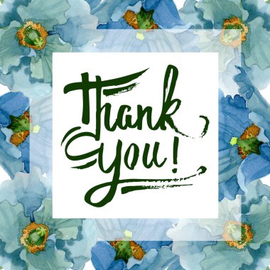 Mavi Haşhaş çiçek botanik çiçekler. Suluboya arka plan illüstrasyon küme. Çerçeve kenarlığı süsleme Meydanı.