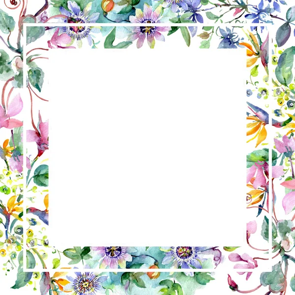 Bukett blommor botaniska blommor. Akvarell bakgrund illustration set. Ram gränsen prydnad square. — Stockfoto