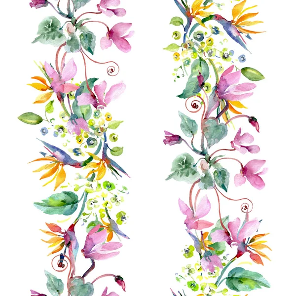 Csokor virág botanikai virágok. Akvarell háttér illusztráció készlet. Varratmentes háttérben minta. — Stock Fotó