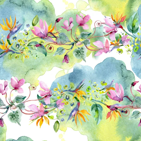 Bouquet floral botanical flowers. Watercolor background illustration set. Seamless background pattern. — Stock Photo, Image