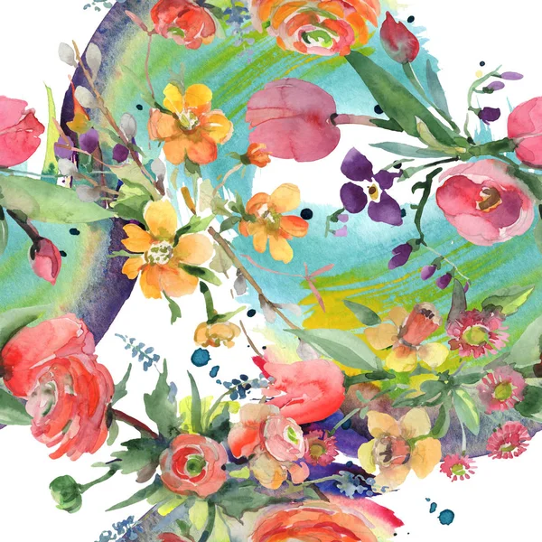 Bouquet floral botanical flowers. Watercolor background illustration set. Seamless background pattern. — Stock Photo, Image