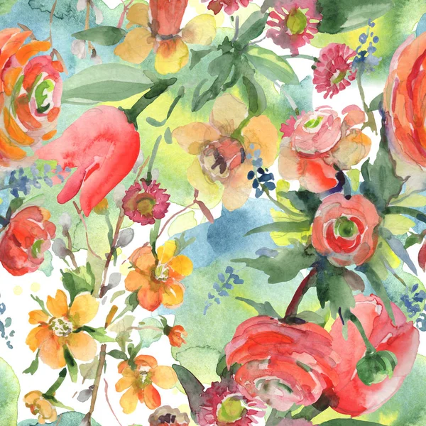 Buquê flores botânicas florais. Conjunto de ilustração de fundo aquarela. Padrão de fundo sem costura . — Fotografia de Stock