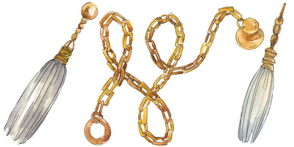 Золотые цепи рисуют гламурную иллюстрацию в акварельном стиле изолированного элемента. Акварельный фон
.