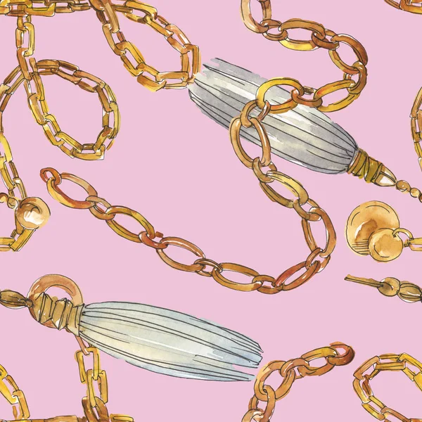 Ilustración de bocetos de cadenas doradas en un elemento aislado de estilo acuarela. Patrón de fondo sin costuras . — Foto de Stock