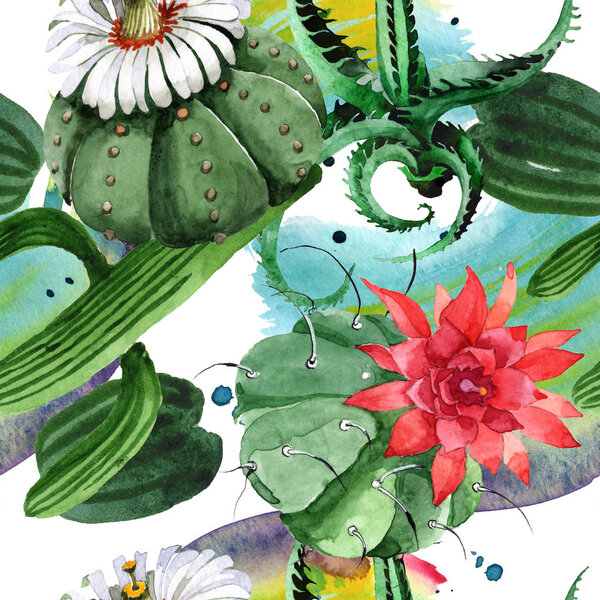 Green cactus floral botanical flower. Watercolor background illustration set. Seamless background pattern.