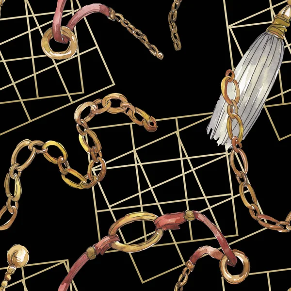 Ilustración de bocetos de cadenas doradas en un elemento aislado de estilo acuarela. Patrón de fondo sin costuras . — Foto de Stock
