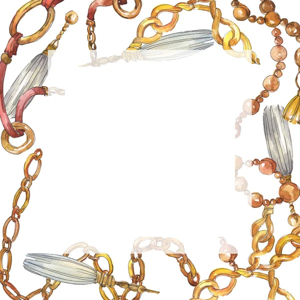 Złote łańcuchy szkicować element stylu akwarela. Zestaw ilustracji tła akwarelowego. Obramowanie ramy ornament kwadrat. — Zdjęcie stockowe