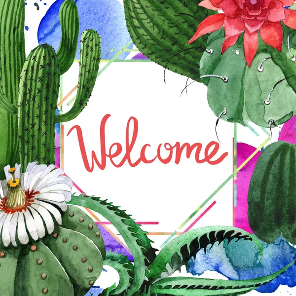 Groene cactus bloemen botanische bloem. Aquarel achtergrond illustratie instellen. Frame rand ornament vierkant. — Stockfoto