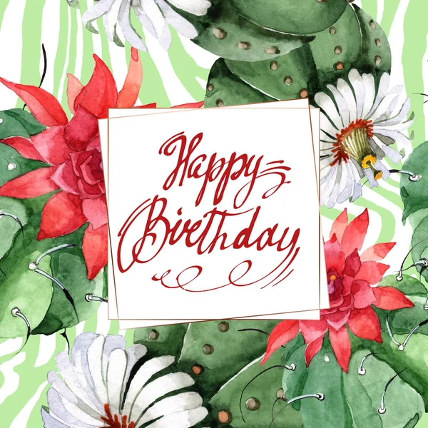 Grön kaktus blommig botanisk blomma. Akvarell bakgrund illustration uppsättning. Ram kant prydnad kvadrat. — Stockfoto