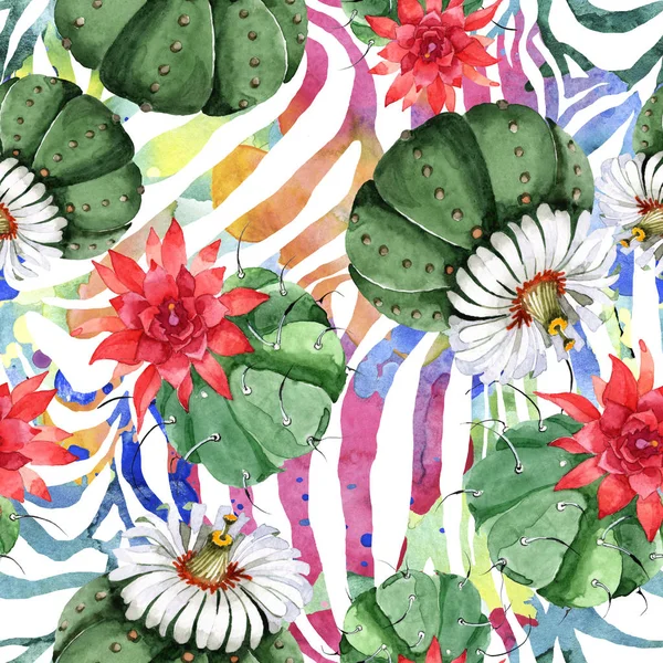 Green cactus floral botanical flower. Watercolor background illustration set. Seamless background pattern. — Stock Photo, Image