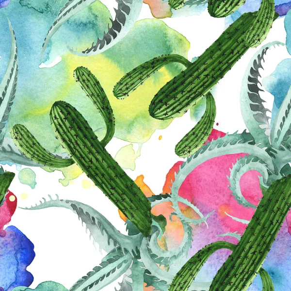 Groene cactus bloemen botanische bloem. Aquarel achtergrond illustratie instellen. Naadloos achtergrond patroon. — Stockfoto