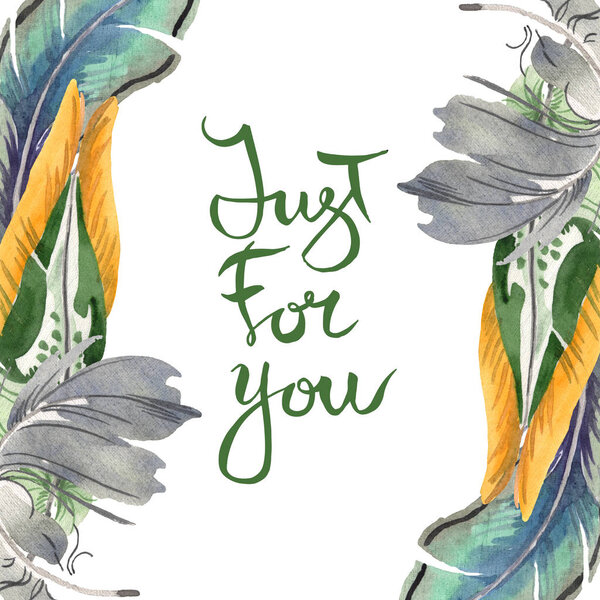 Watercolor bird feather from wing isolated. Aquarelle feather for background. Frame border ornament square.