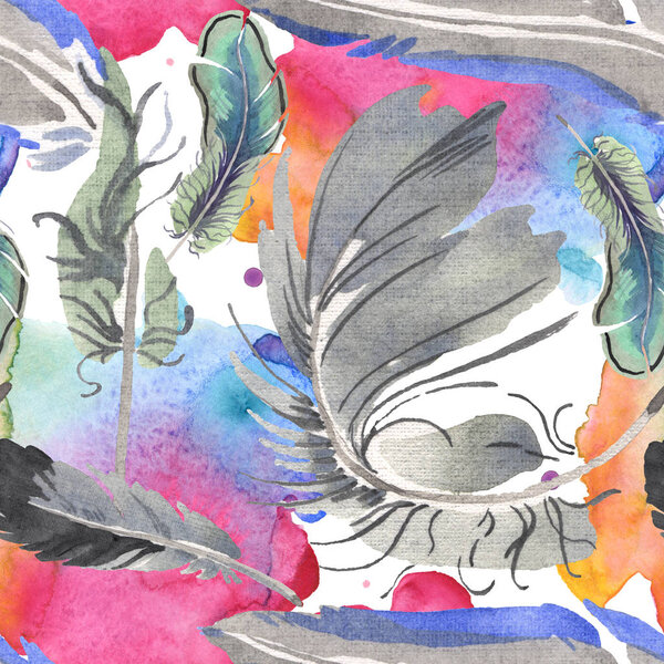 Watercolor bird feather from wing isolated. Aquarelle feather for background. Seamless background pattern.