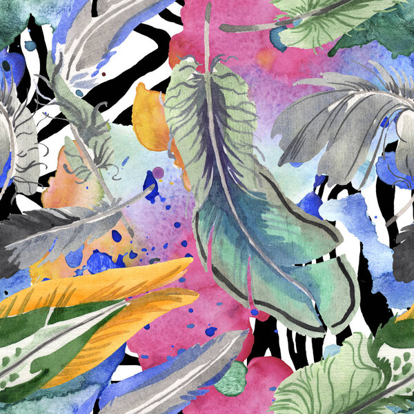 Watercolor bird feather from wing isolated. Aquarelle feather for background. Seamless background pattern.