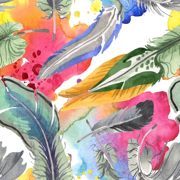 翼から水彩画の鳥の羽を隔離。背景のためのアクアレルの羽。シームレスな背景パターン. — ストック写真