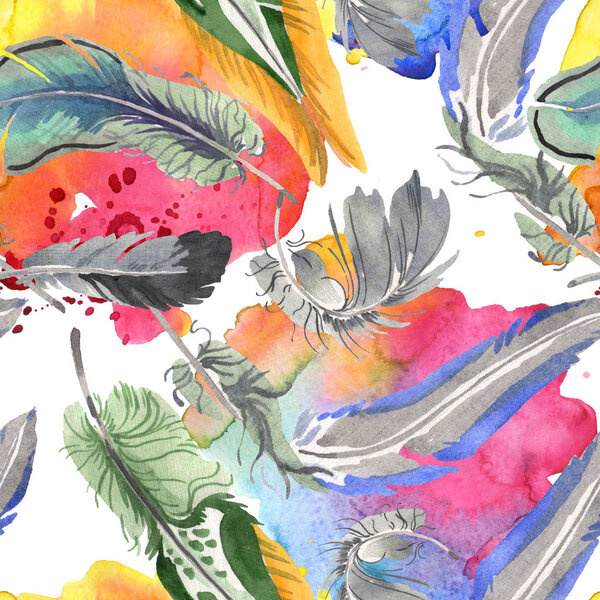 Watercolor bird feather from wing isolated. Aquarelle feather for background. Seamless background pattern.
