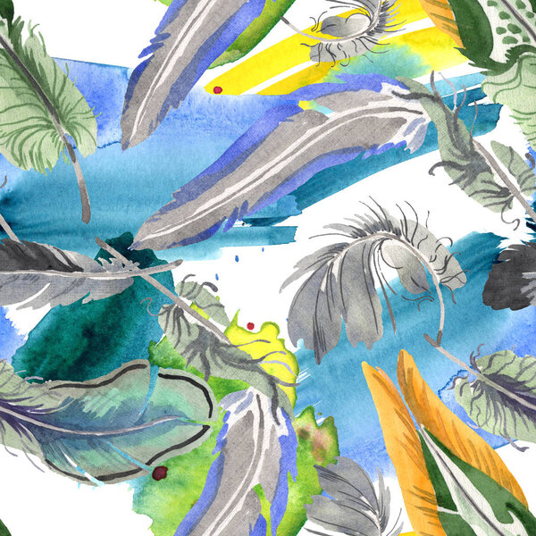 Watercolor bird feather from wing isolated. Aquarelle feather for background. Seamless background pattern.