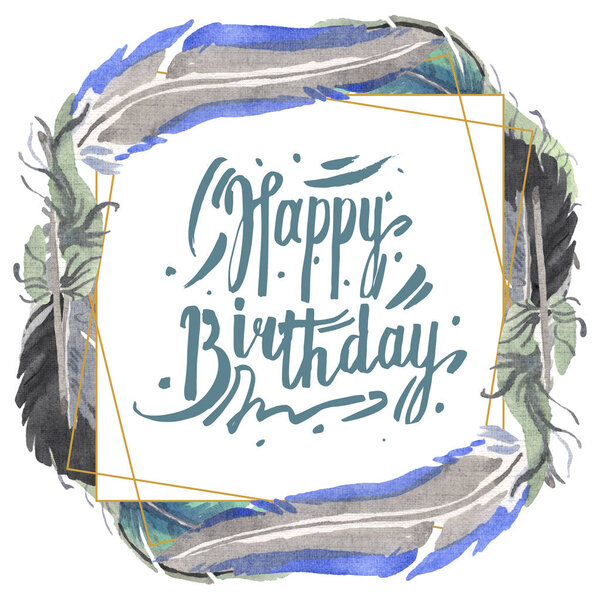 Watercolor bird feather from wing isolated. Aquarelle feather for background. Frame border ornament square.