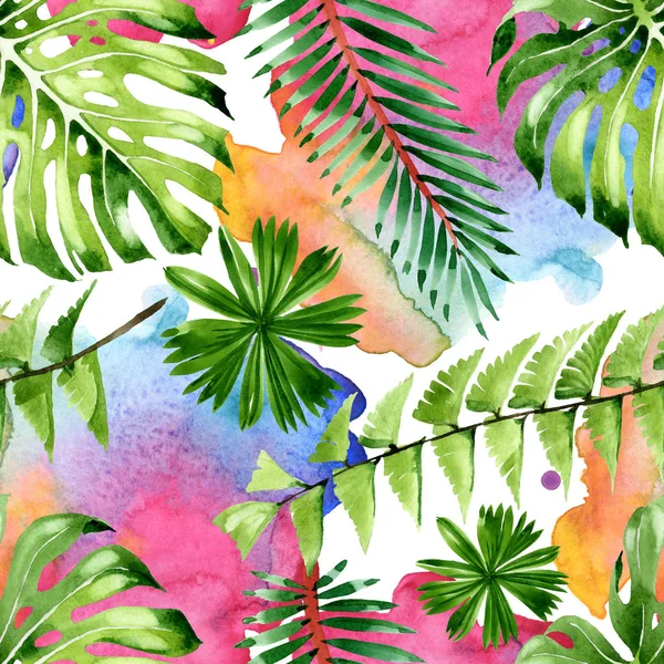 Palm beach tree leaves jungle botanical. Watercolor background illustration set. Seamless background pattern.