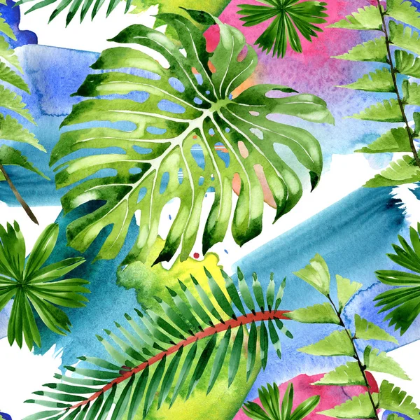 Palm Beach Tree lämnar Jungle Botanical. Akvarell bakgrund illustration uppsättning. Sömlöst bakgrundsmönster. — Stockfoto